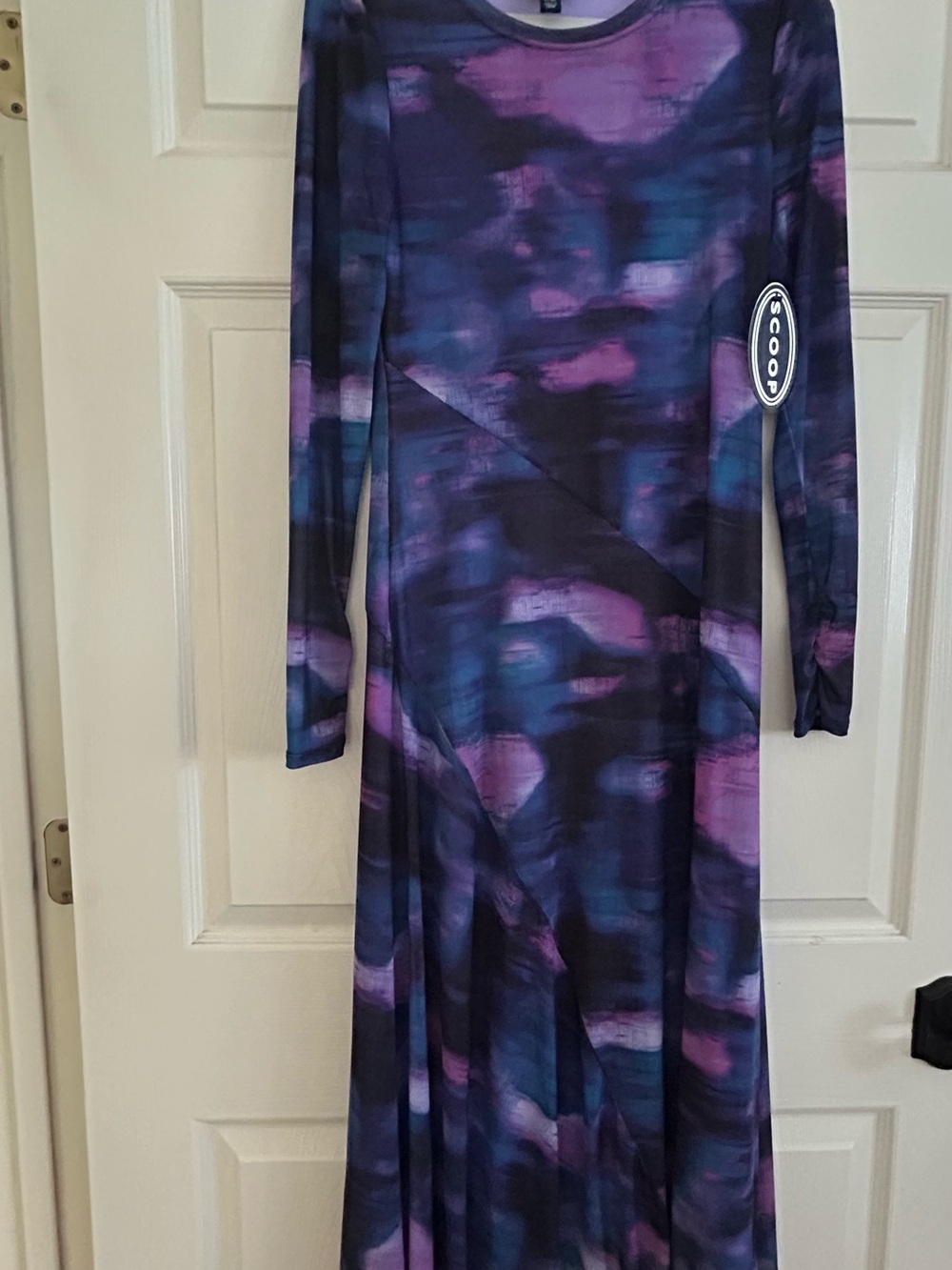 Long Sleeve Maxi Dress in Purple & Blue Abstract Print